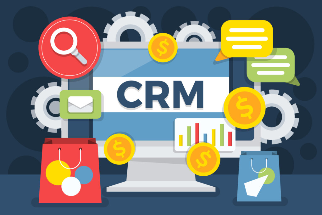 An image of best free crm software with dollar coin,search bar.