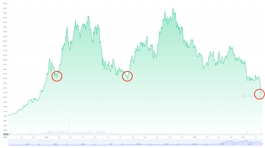 Screenshot of BTC to USD chart for 2014-2022 from CoinMarketCap