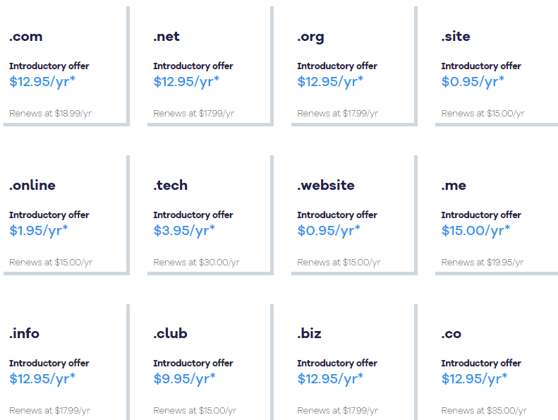 Screenshot of domain extension prices from HostGator