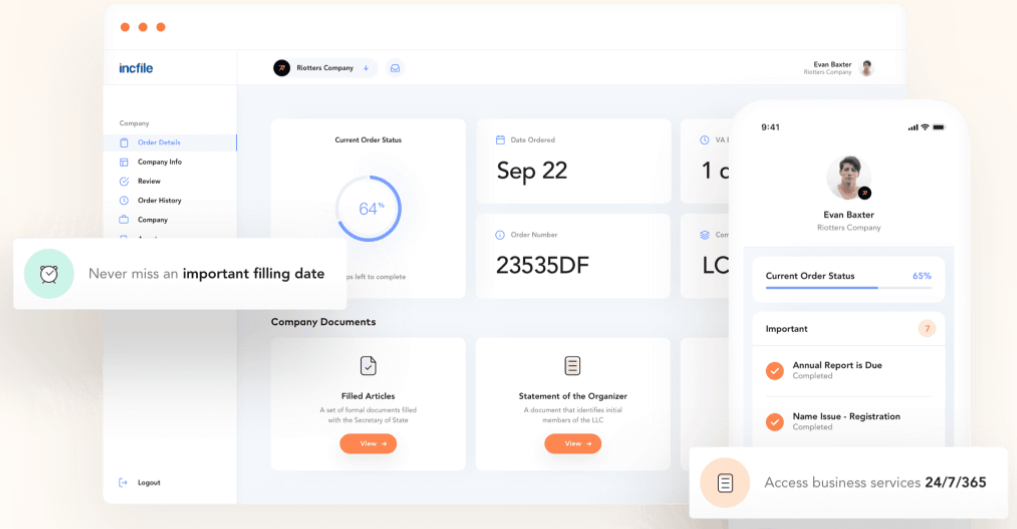 Screenshot of IncFile dashboard