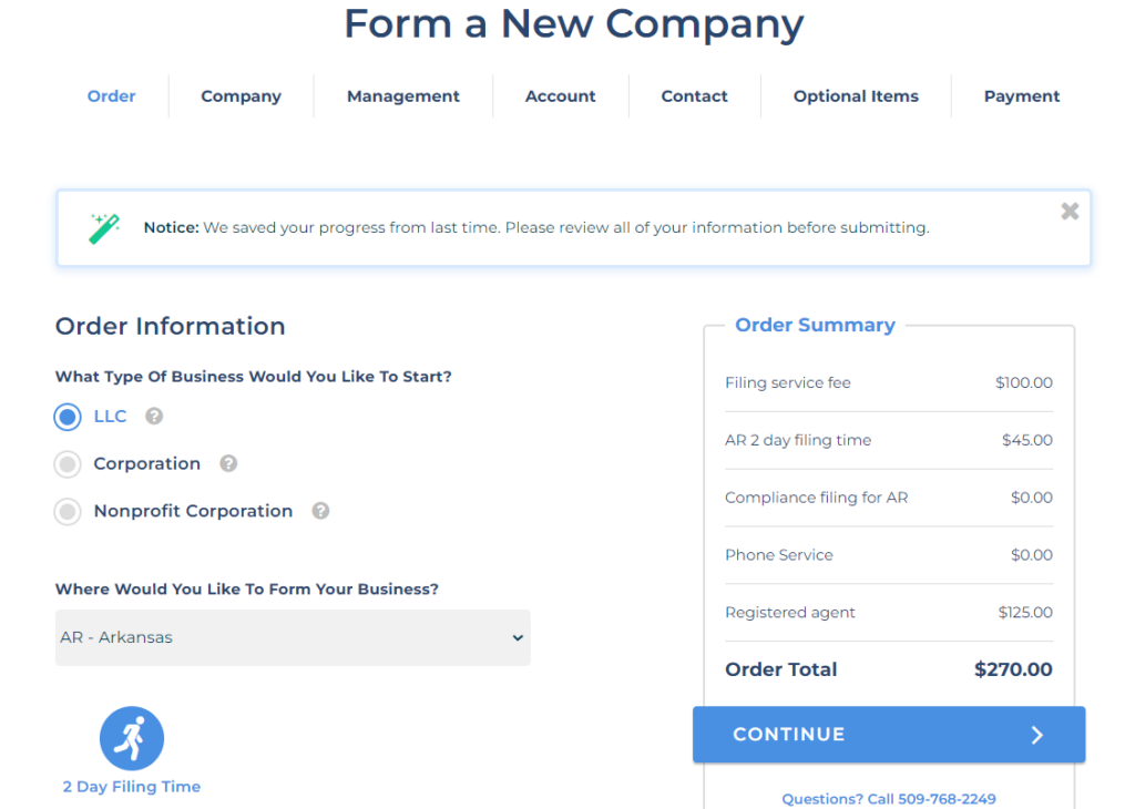 Screenshot of Northwest Registered Agent price of upfront LLC filing