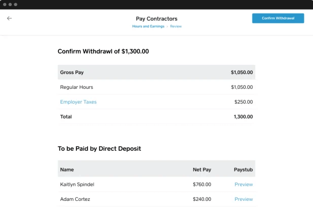 Screenshot of Square Payroll's payment page